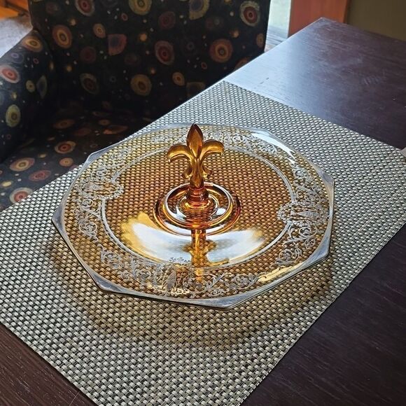 CAMBRIDGE AMBER GLASS Serving Sandwich Tray!  Art Deco Design,Sterling Etching! - Picture 9 of 9